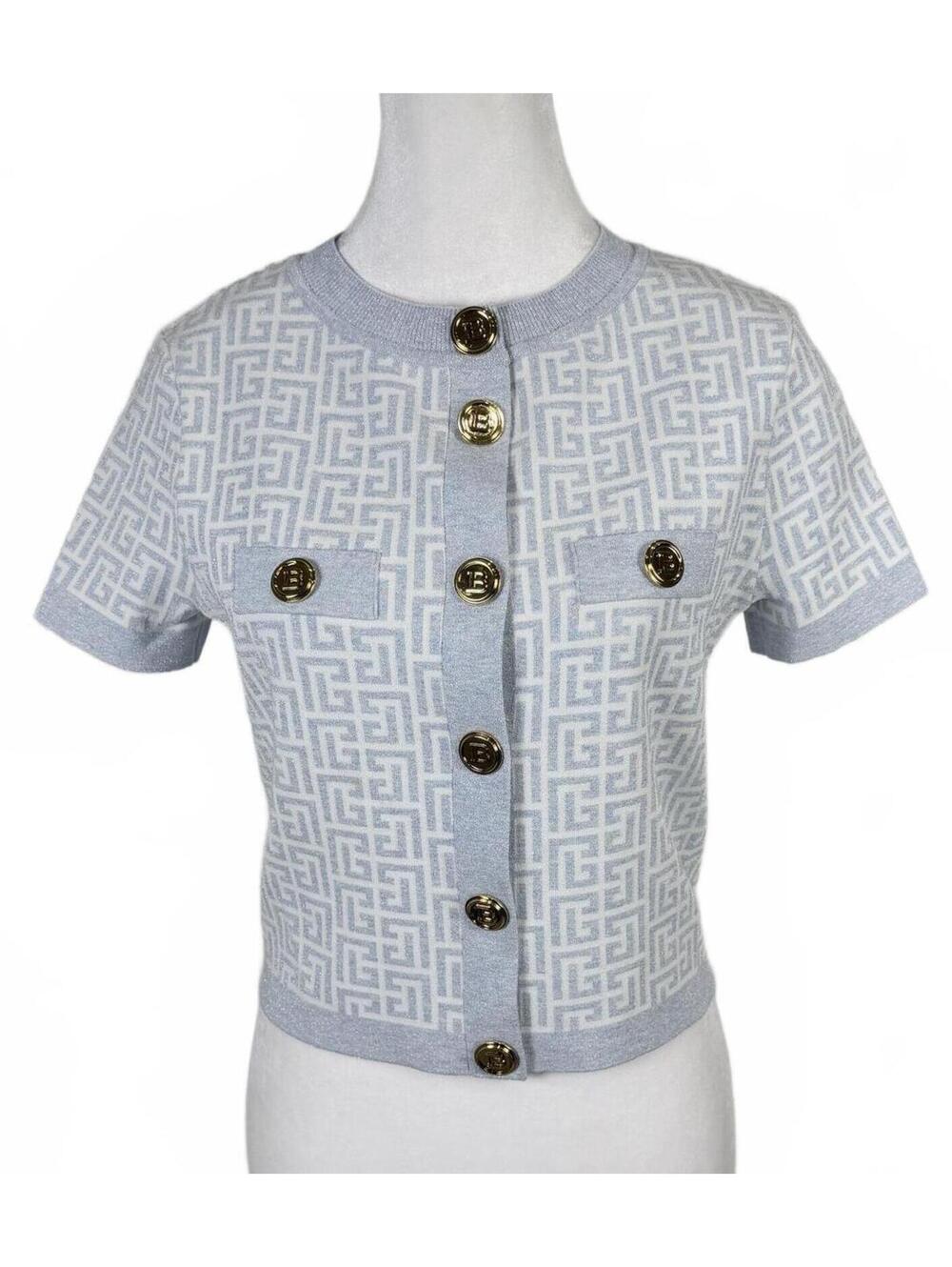 Balmain Silver/White Monogram Short Sleeve Knit Cardigan Size FR 38 / US‎ 6